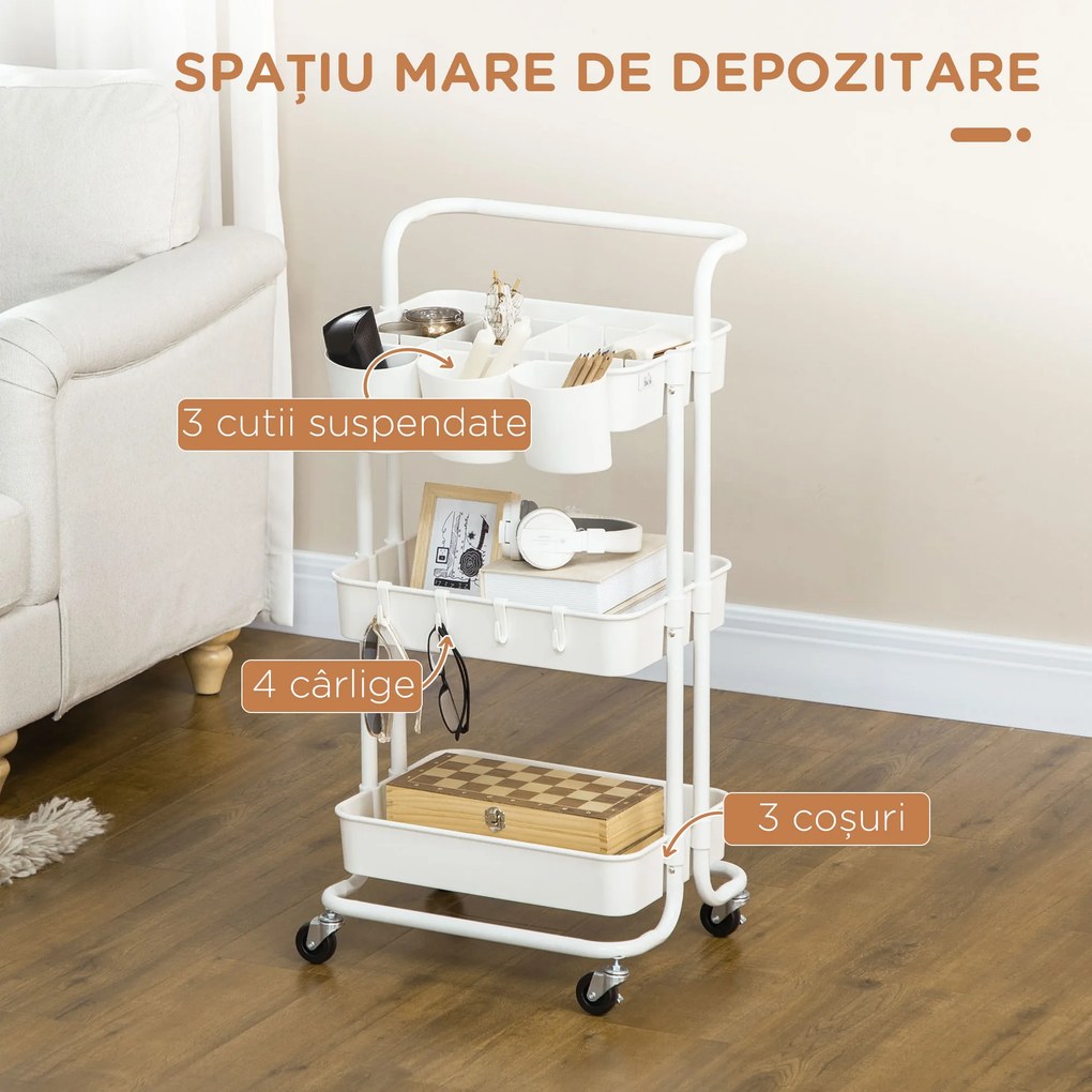 HOMCOM Cărucior de Bucătărie Multifuncțional cu 3 Nivele, Coșuri și Cârlige Detașabile, 42x38x86.5 cm, Negru | Aosom Romania