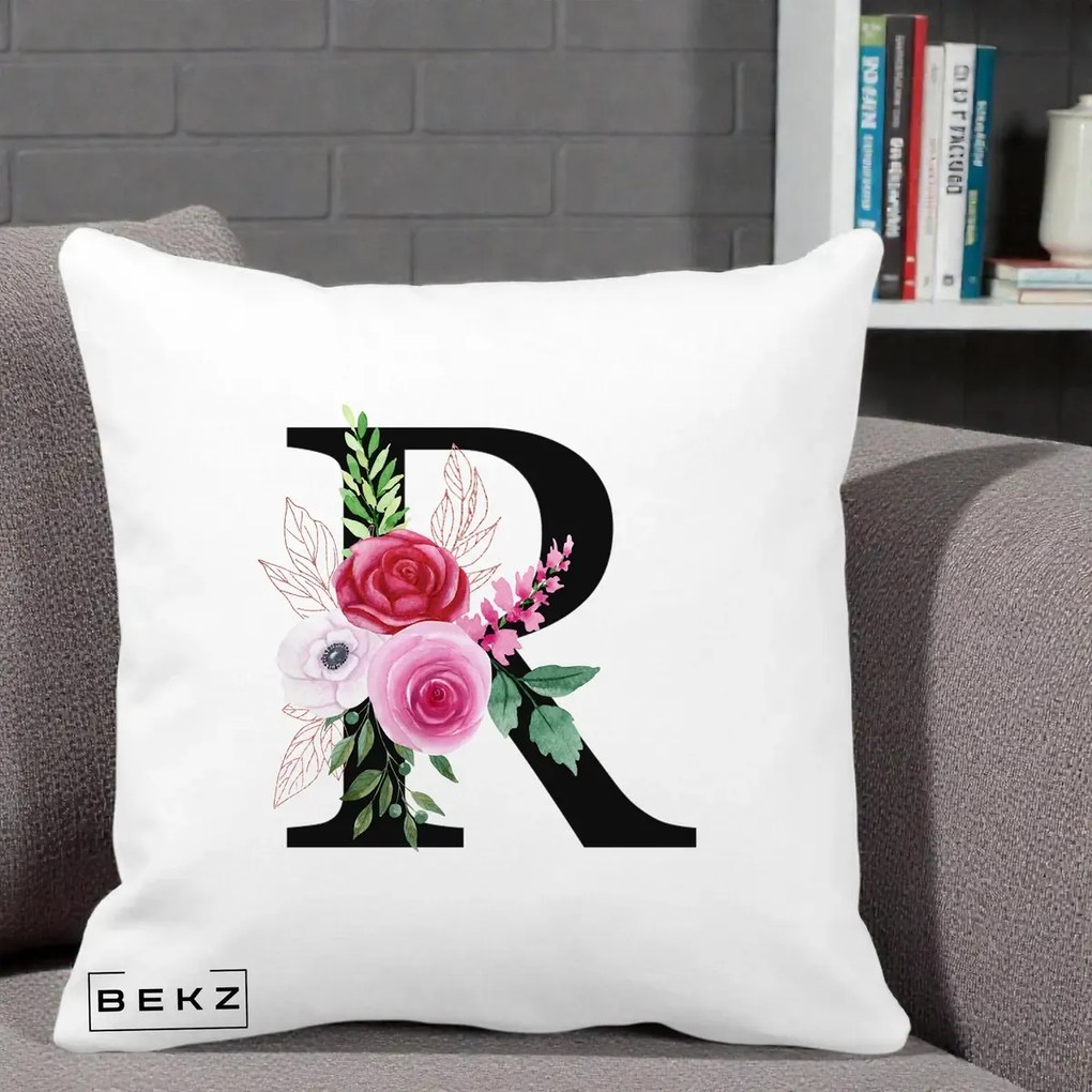 Cadou Personalizat - Perna Personalizata Monograma Florala Litera R, 40x40 cm, Alba Mata, Husa Detasabila, Perna Inclusa, BEKZ®