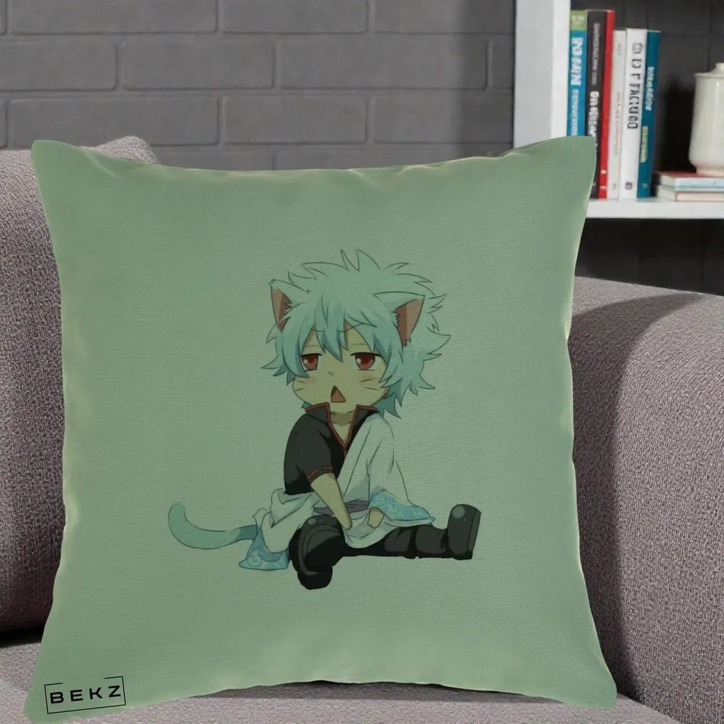 Perna Personalizata Gintama Gintoki Chibi Pisica, 40x40 cm, Verde, Husa Detasabila, Perna Inclusa, BEKZ®