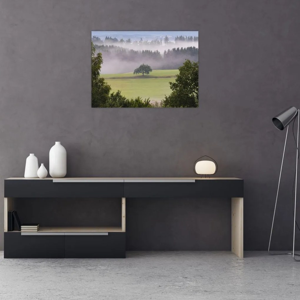 Tablou pe sticlă - Lunca cu copac (70x50 cm)