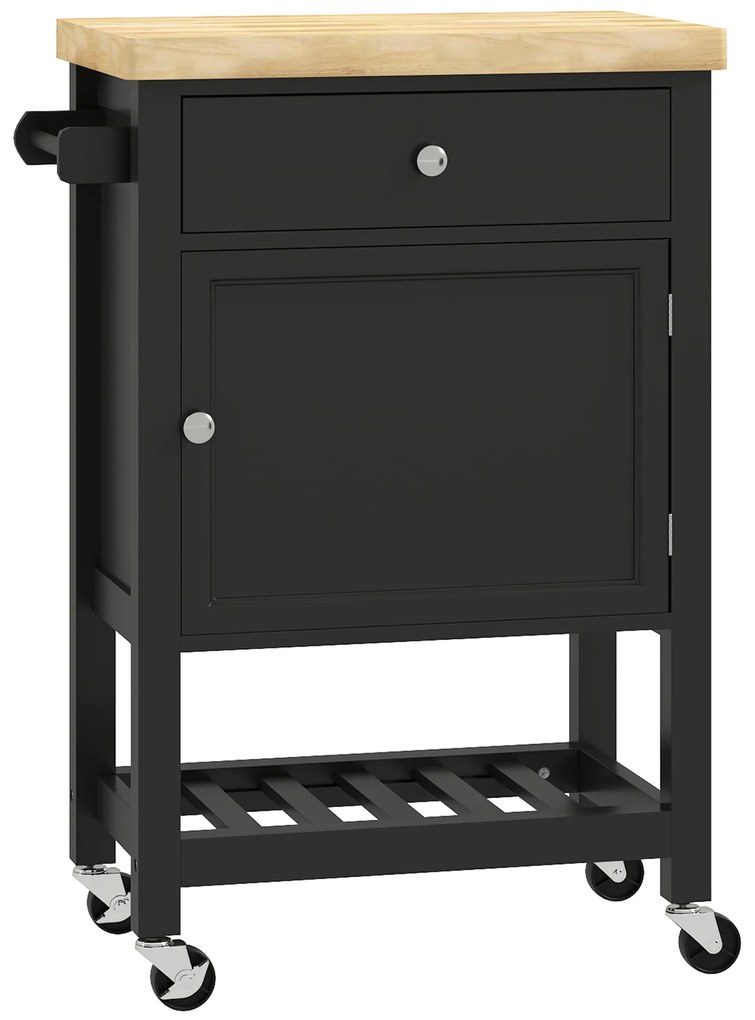 HOMCOM Servantă de bucătărie pe roți, cărucior de servire, blat din lemn de hevea, sertar, 63,5 x 40 x 90 cm, negru | Aosom Romania