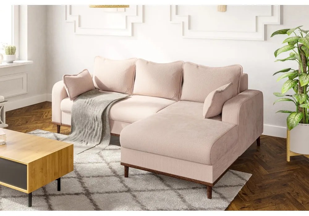 Colțar bej cu tapițerie din catifea reiată (cu colț pe partea dreaptă) Beata – Ropez