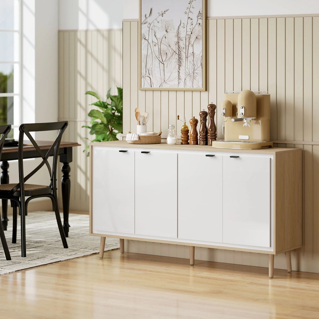 HOMCOM Bufet Modern cu 4 Uși și Raft Reglabil 141x35x77cm Alb și Stejar | Aosom Romania