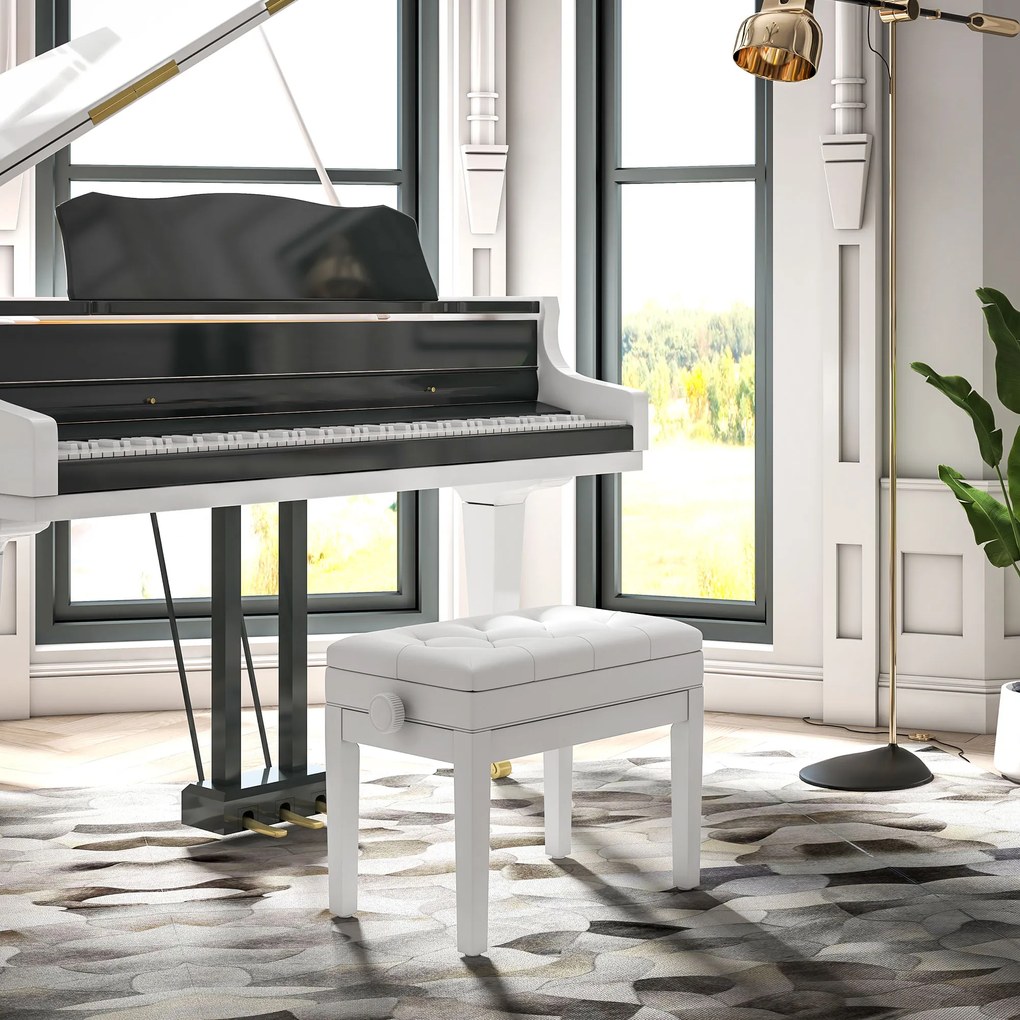 HOMCOM Banc pentru Piano cu Înălțime Reglabilă de la 48 la 58 cm Spațiu de Depozitare Picioruși din Lemn Alb | Aosom Romania