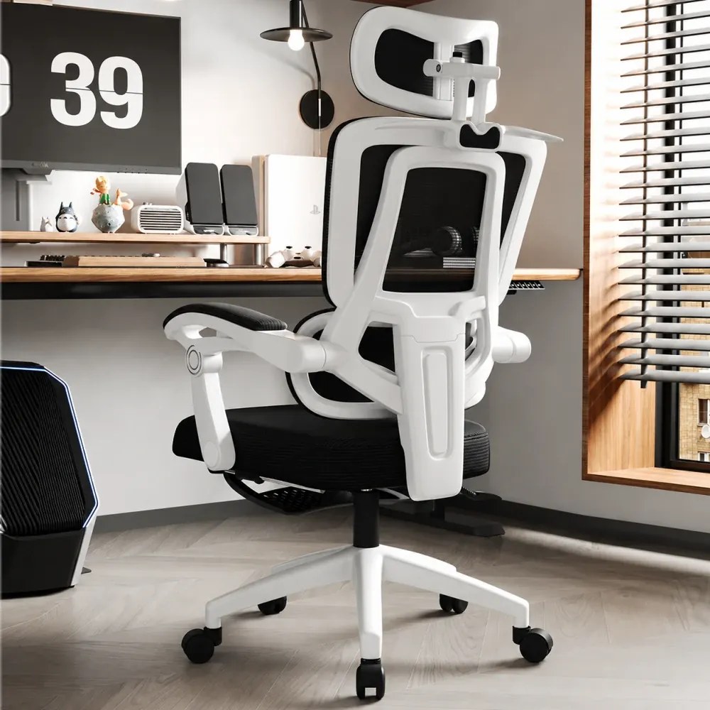 Scaun ergonomic cu suport lombar, tetieră reglabilă 3D, suport pentru picioare, Mesh, Alb/Negru