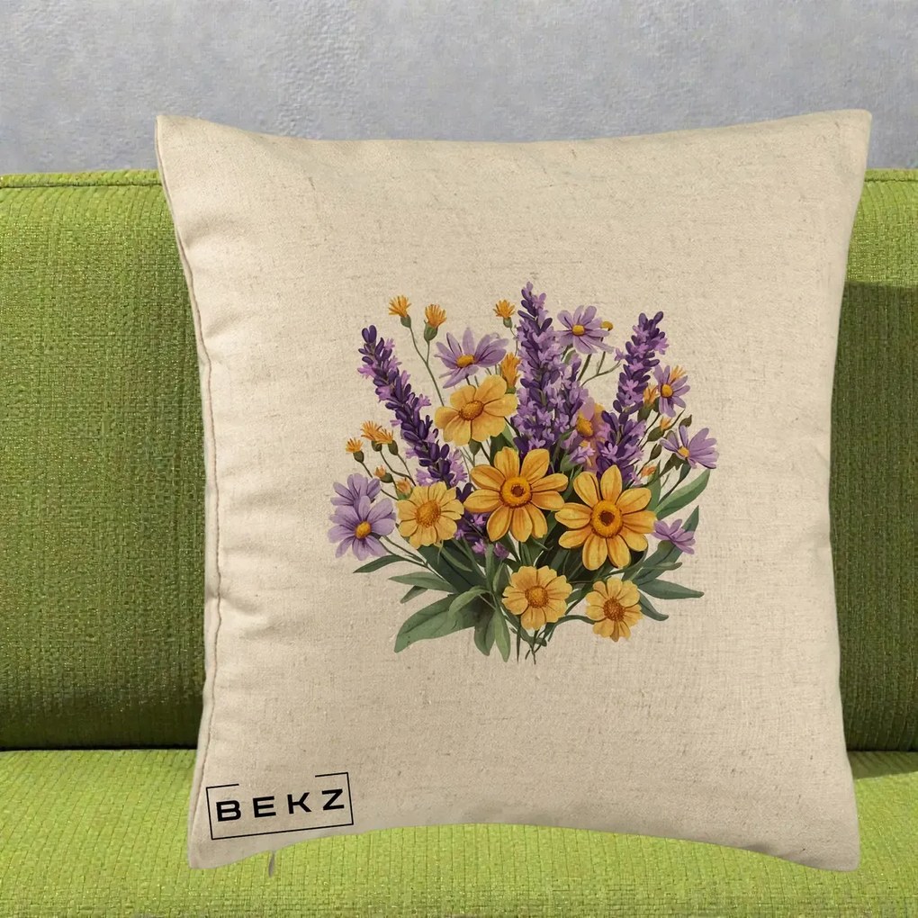 Perna Decorativa Lavanda cu Margarete Galbene si Lila, 40x40 cm, Bej, Husa Detasabila, Perna Inclusa, BEKZ®