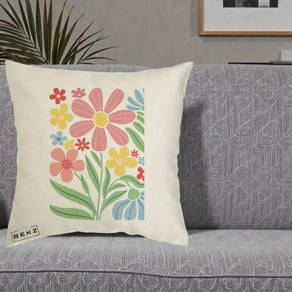 Perna Decorativa Flori Grafice Roz Pastel, 40x40 cm, Ecru, Husa Detasabila, Perna Inclusa, BEKZ®
