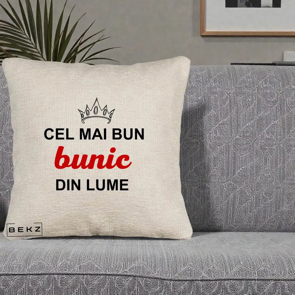 Cadou pentru Bunic - Perna Personalizata Cel Mai Bun Bunic Din Lume Coroana Rosu, 40x40 cm, Bej Canapea, Husa Detasabila, Perna Inclusa, BEKZ®