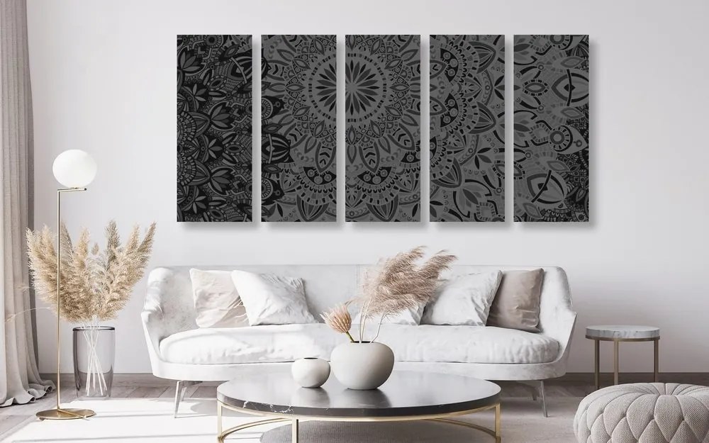Tablou 5-piese Mandala elegantă în design alb-negru