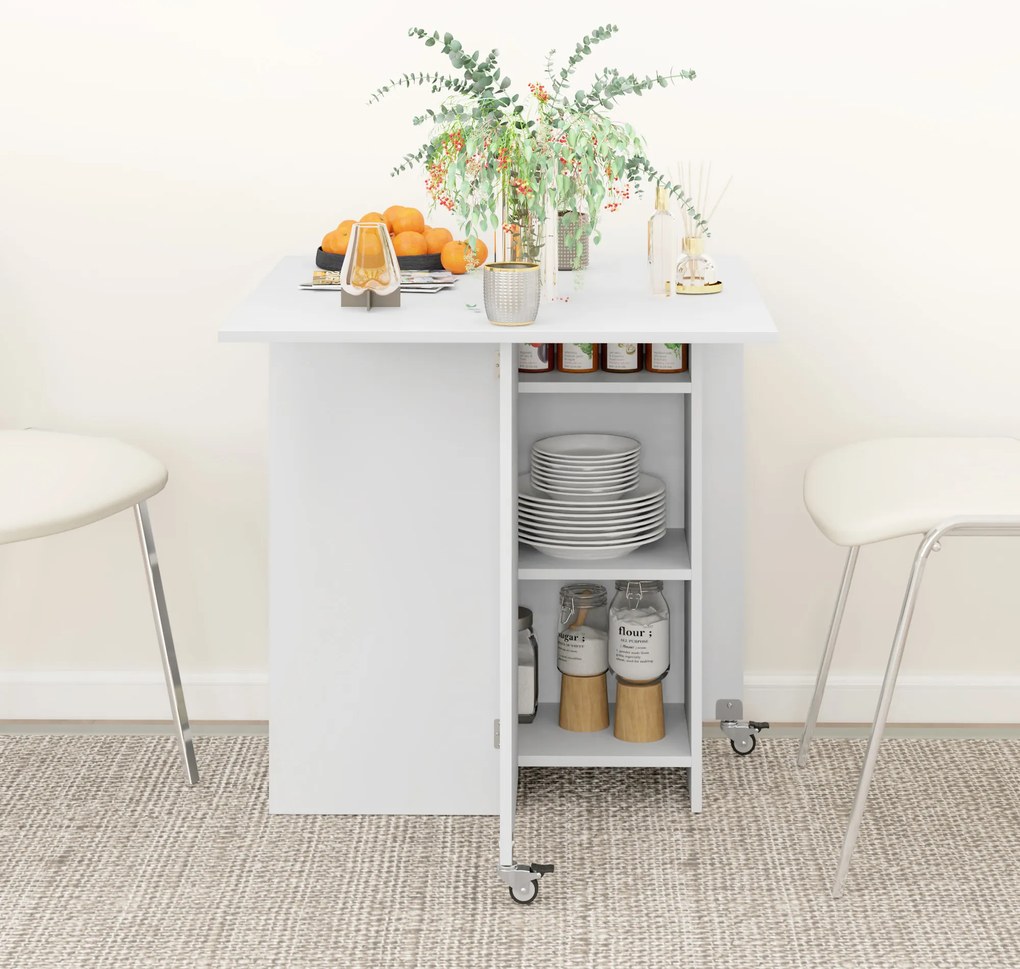 HOMCOM Masă pliantă pentru 2–4 persoane, masă de bucătărie rabatabilă cu depozitare, masă extensibilă pe roți, alb | Aosom Romania