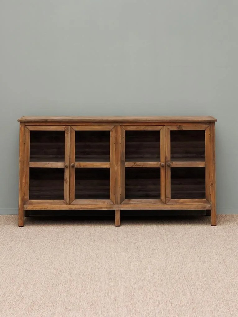 Bufet din lemn masiv, natur, cu 4 uși vitrate și laterale din sticlă, aspect rustic, finisaj natural, 81 x 153 x 44 cm, „Laval”