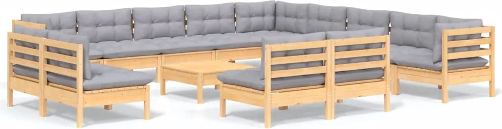 vidaXL Set mobilier grădină cu perne, 14 piese, gri, lemn masiv pin