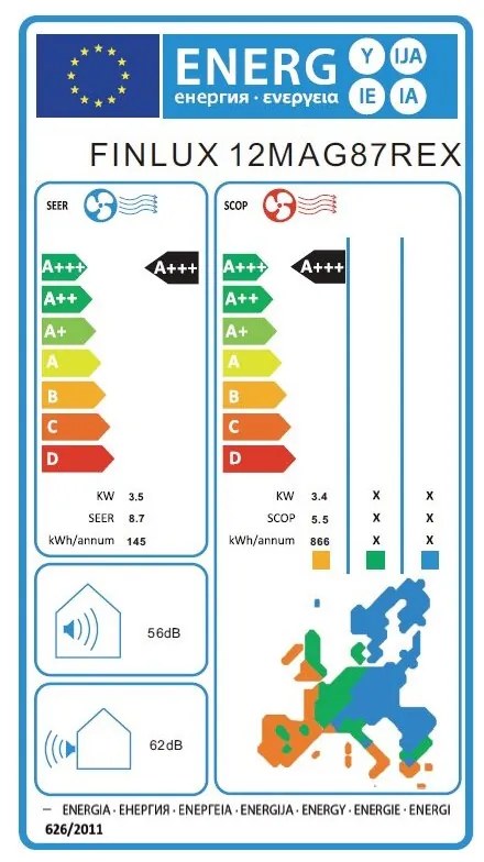 Aparat de aer condiționat cu invertor Finlux 12MAG87REX, 12000 BTU, Wi-Fi, A+++, suflare 4D, Comfort breeze, filtru plasmă, alb