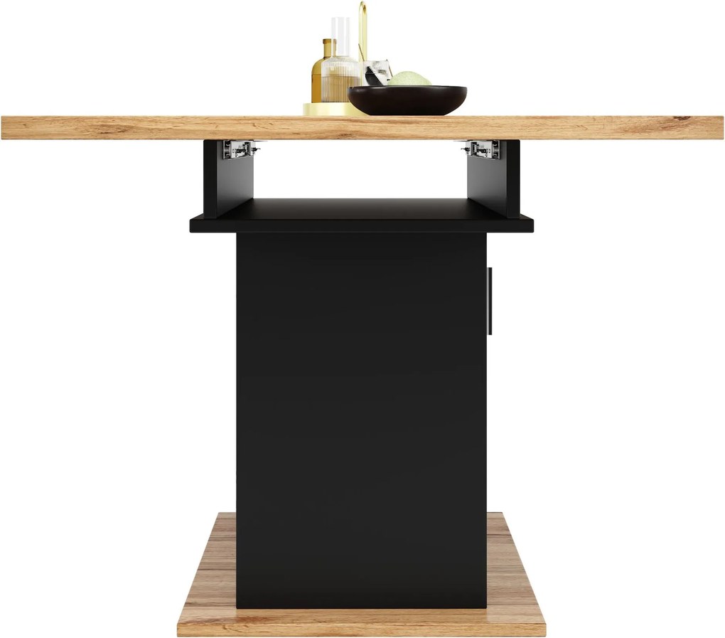 Masă de dining extensibilă cu 3 rafturi și uși din sticlă, 110-140x80x76 cm, Negru