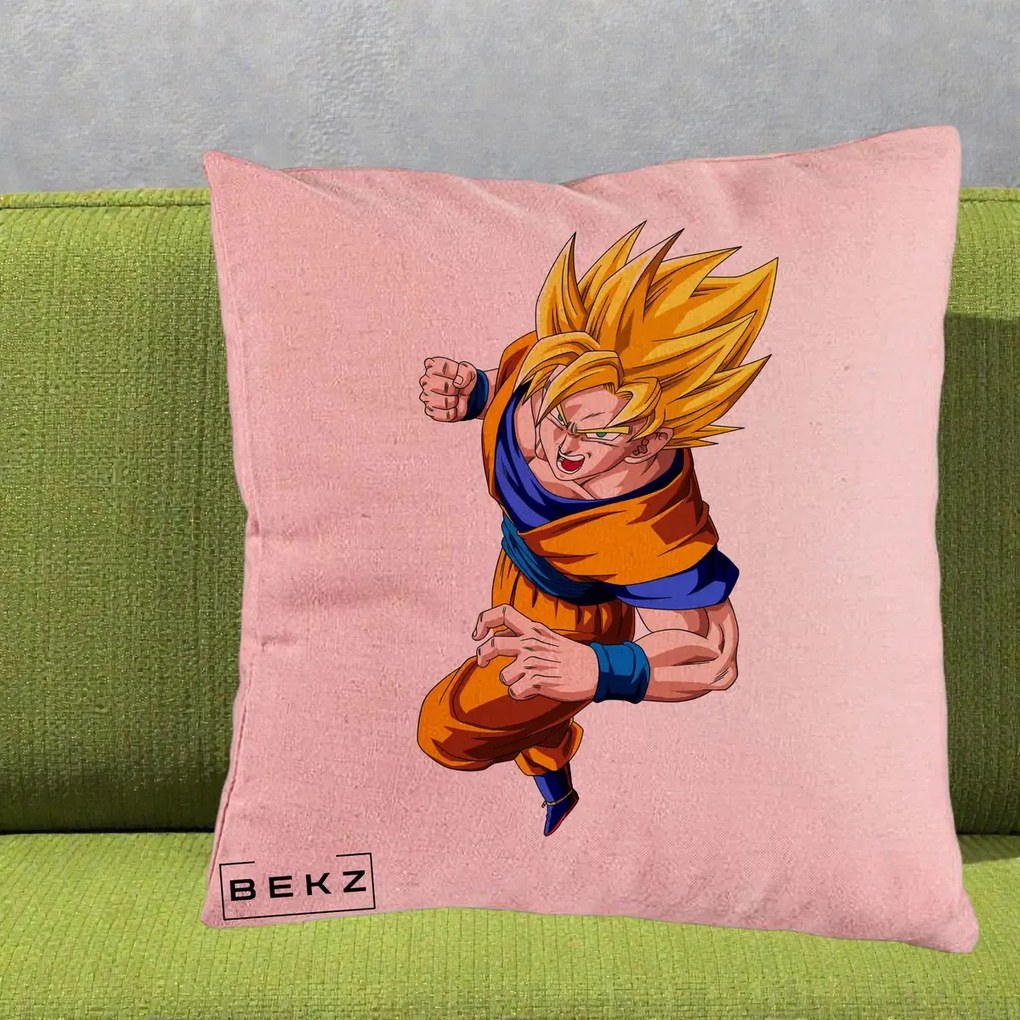 Perna Personalizata Dragon Ball Goku Super Saiyan 2 Lupta, 40x40 cm, Roz, Husa Detasabila, Perna Inclusa, BEKZ®