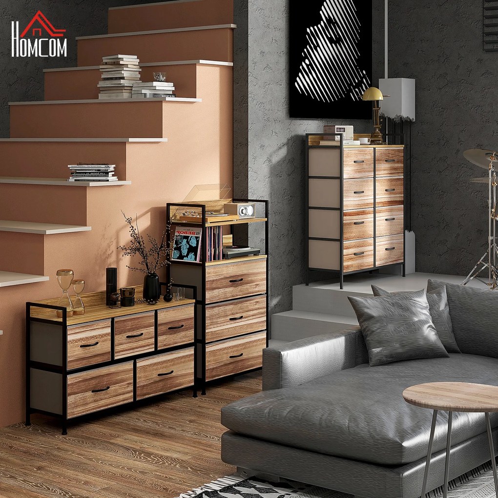 HOMCOM Corp de depozitare stil industrial comodă 3 sertare din țesătură detașabile și 2 rafturi - 60 x 29 x 101cm - MDF și metal | Aosom Romania