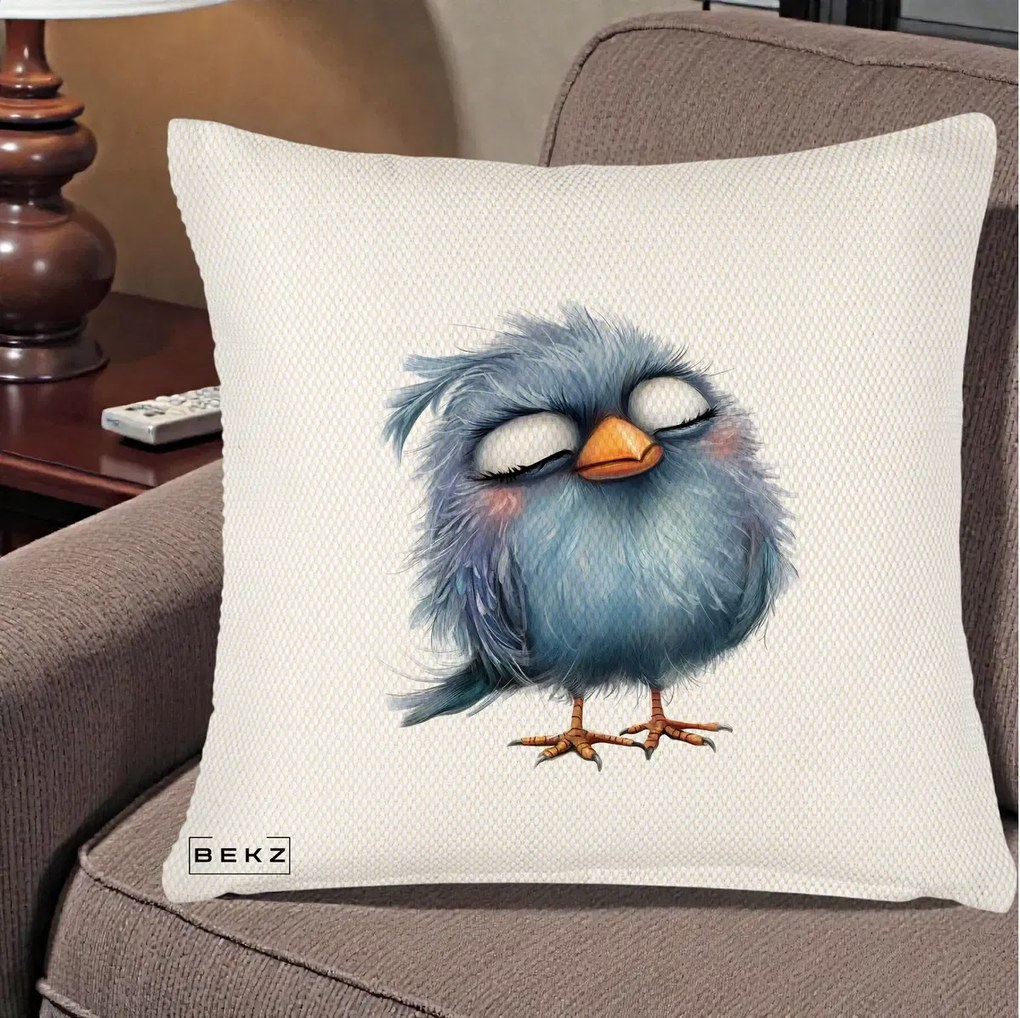 Perna Decorativa Pui Pufos Albastru Adormit, 40x40 cm, Crem Reliefat, Husa Detasabila, Perna Inclusa, BEKZ®