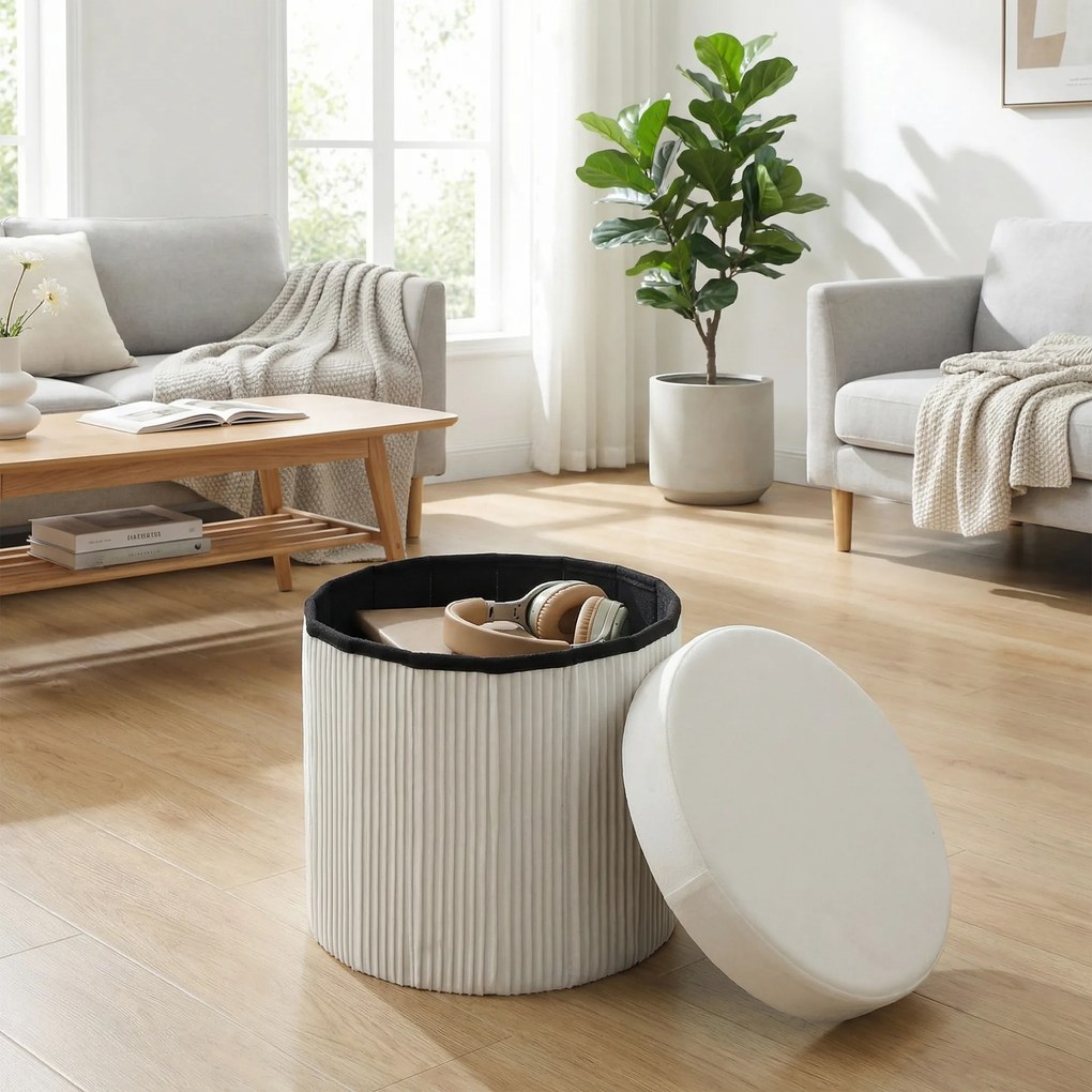 HOMCOM Puf depozitare Bancă depozitare pliabilă 35 L 38x38x38 cm Tapițerie din Catifea Cufăr de Depozitare Rotund Crem | Aosom Romania