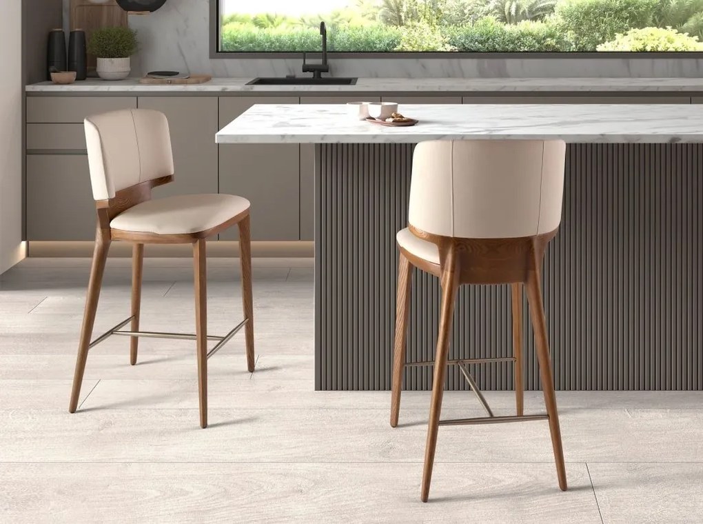 Scaun de bar din lemn si piele sintetica Cream