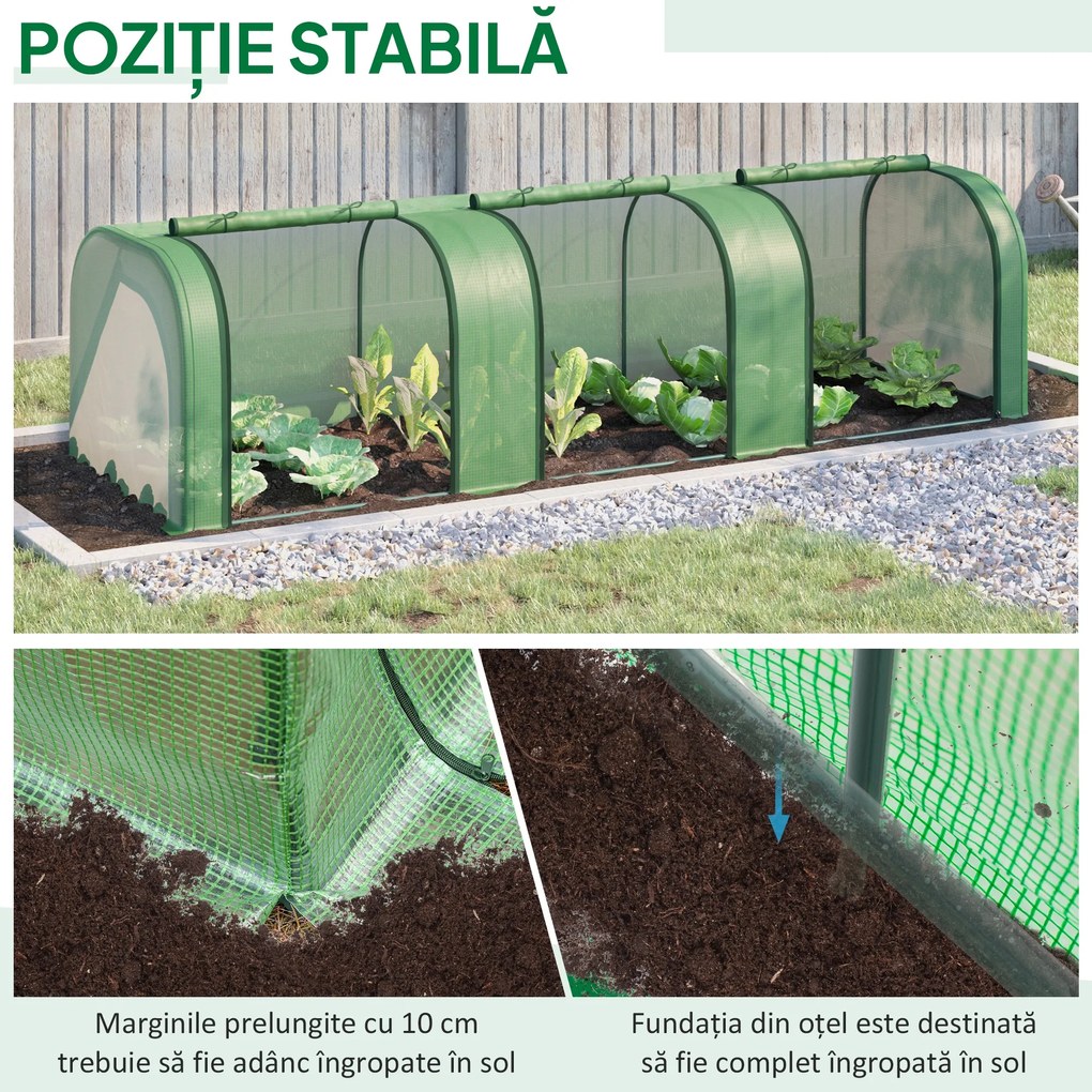 Outsunny Seră de Grădină Tip Tunel din Oțel și Plastic PP, cu Uși Rulabile, 295x100x80 cm, Verde | Aosom Romania