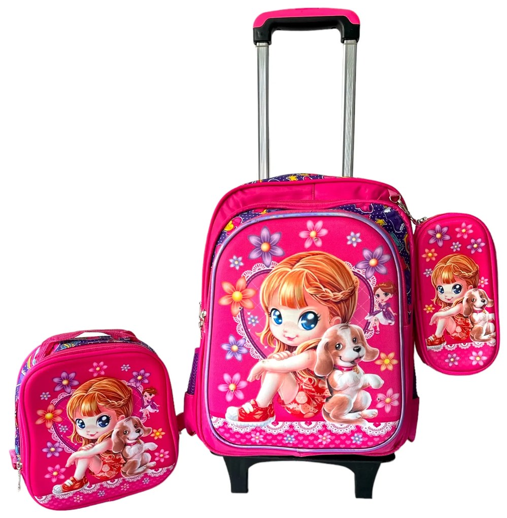 Set 3 piese Ghiozdan pentru scoala cu troler detasabil, cu borseta si penar, 41 x 30 x 23 cm, 3 comp
