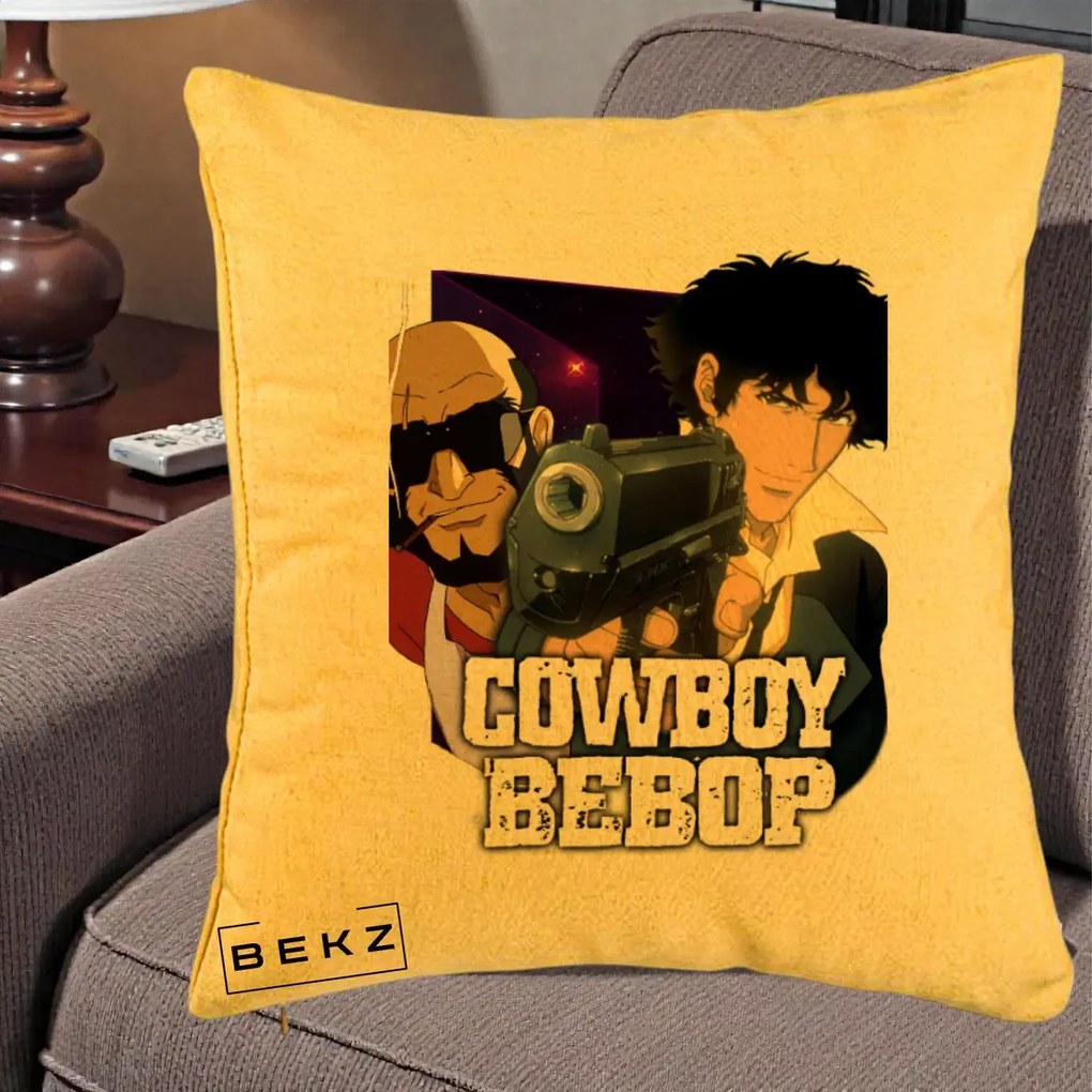 Perna Personalizata Cowboy Bebop Spike si Jet Poster, 40x40 cm, Galben, Husa Detasabila, Perna Inclusa, BEKZ®
