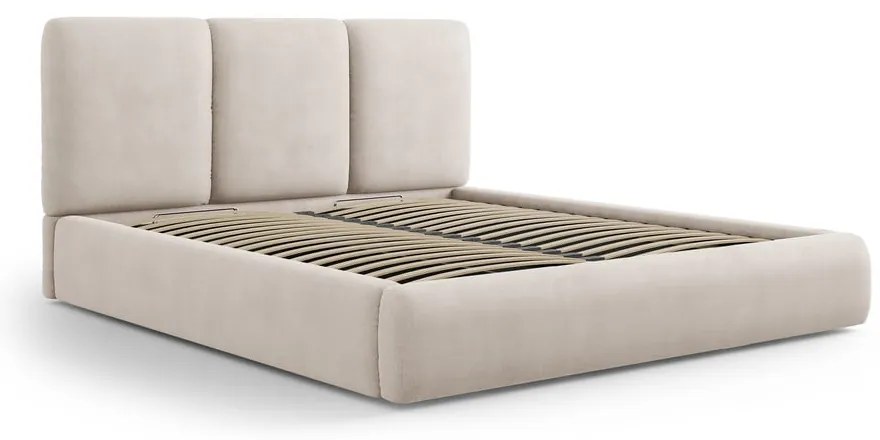 Pat matrimonial bej tapițat cu spațiu de depozitare și somieră 140x200 cm Brody – Mazzini Beds