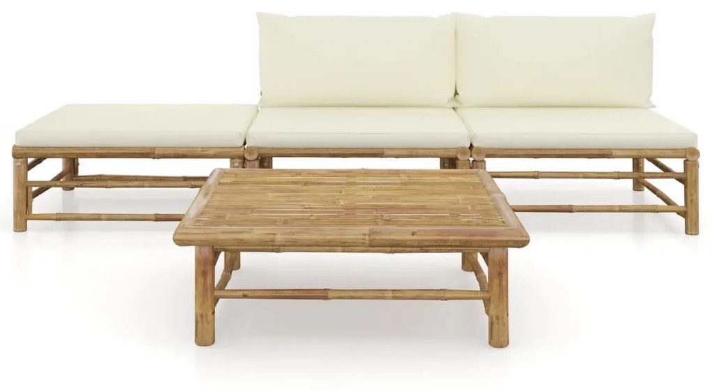Set mobilier de gradina, cu perne alb crem, 3 piese, bambus