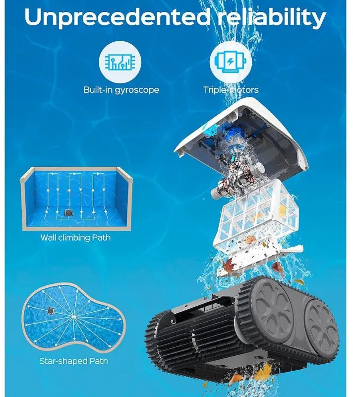 Robot cuaratre piscine fara fir Wybot Osprey 700 (X100), Li-Ion 8800 mAh, Pana la 80 m°, Autonomie pana la 110 minute, Auto-revers, Auto-parcare, Alb/Negru