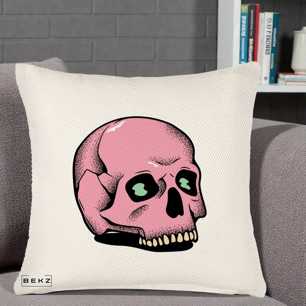 Perna Decorativa Craniu Roz Tatoo Art Halloween, 40x40 cm, Crem Reliefat, Husa Detasabila, Perna Inclusa, BEKZ®