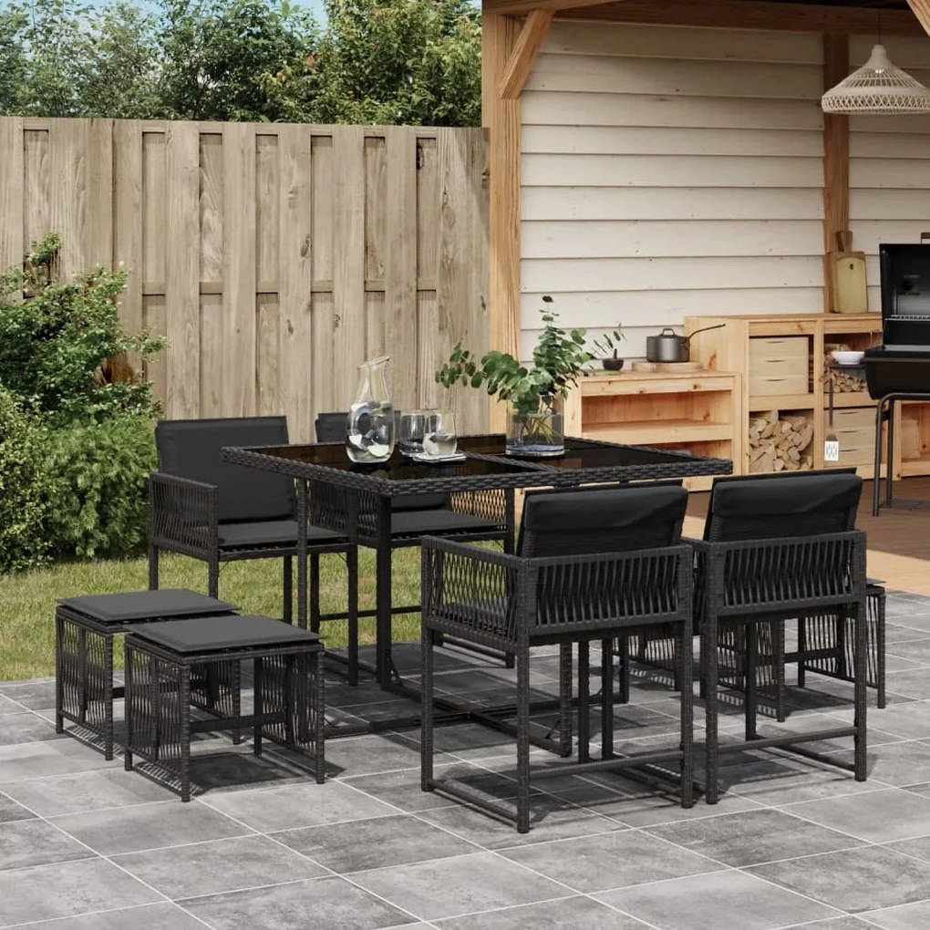 vidaXL Set mobilier de grădină cu perne, 9 piese, negru, poliratan