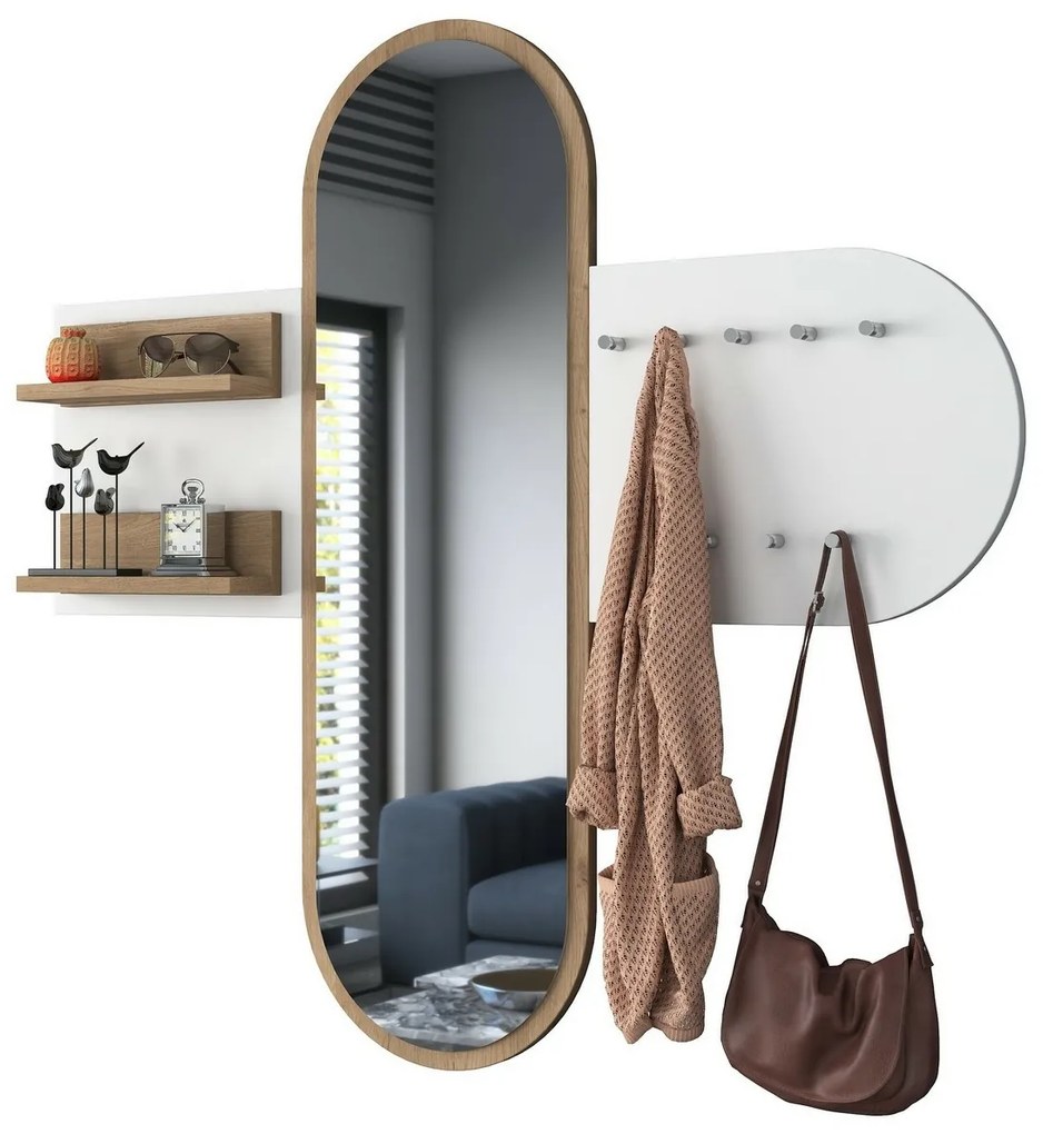 Cuier de perete cu oglindă Pomi White and Walnut