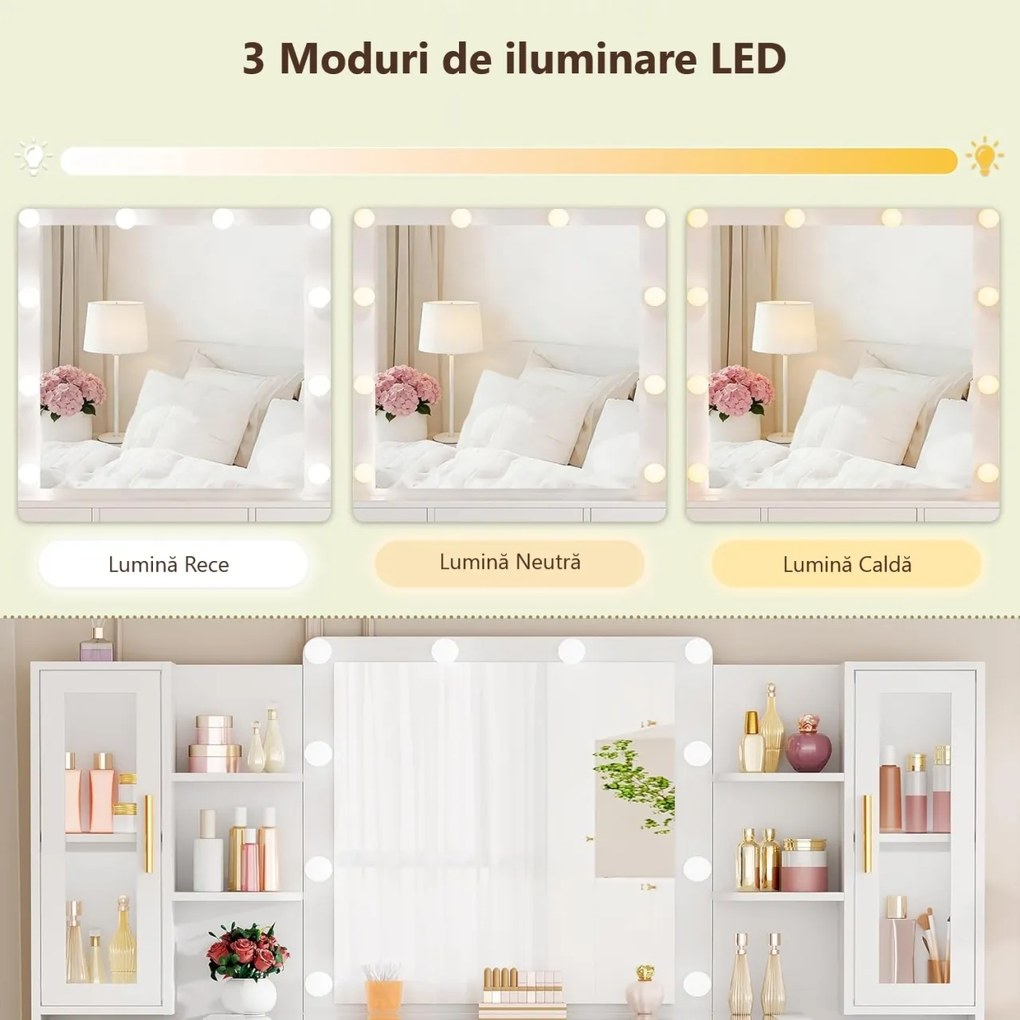 Set Masa toaleta alba 160 cm, cu Priza si USB, cosmetica, machiaj, oglinda cu LED, masuta vanity cu Blat de Sticla, make-up - SEA437