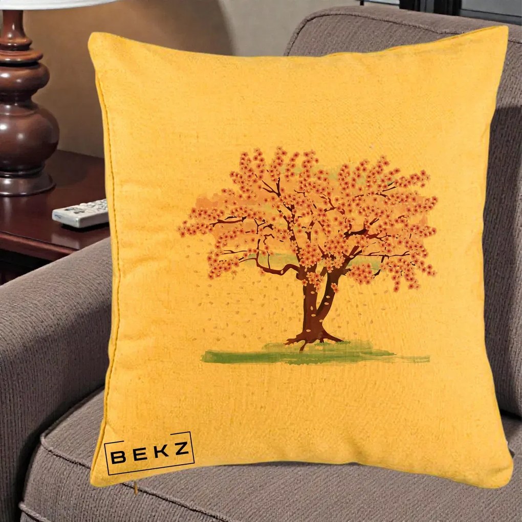 Perna Decorativa Cires Inflorit Acuarela, 40x40 cm, Galben, Husa Detasabila, Perna Inclusa, BEKZ®