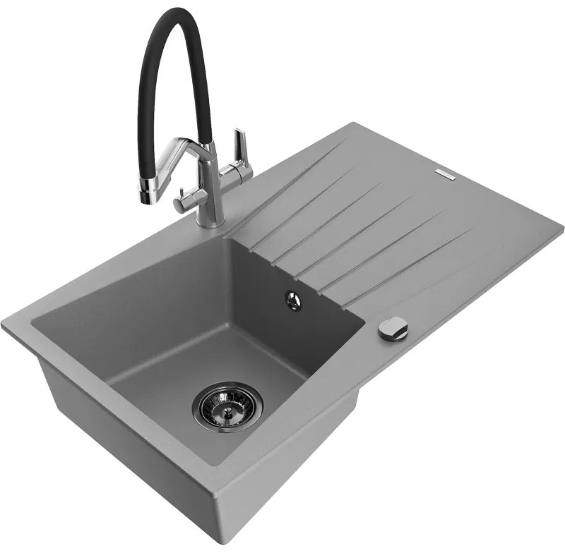 Mexen Cesar chiuvetă de granit cu un compartiment, cu picurător și baterie de bucătărie Duo, Gri - 6514-71-671701-07-B