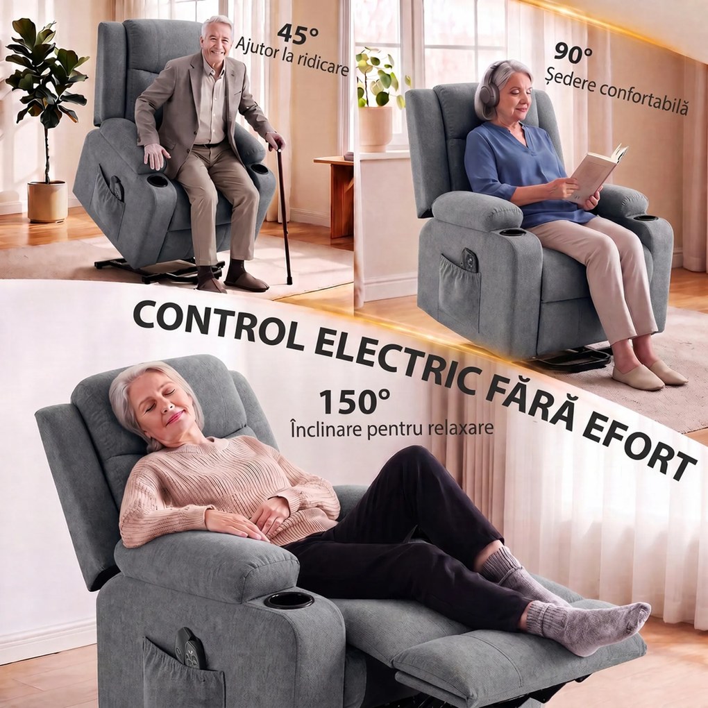 HOMCOM Fotoliu electric cu ridicare asistată, reclinabil, încălzit și cu masaj, gri închis | Aosom Romania