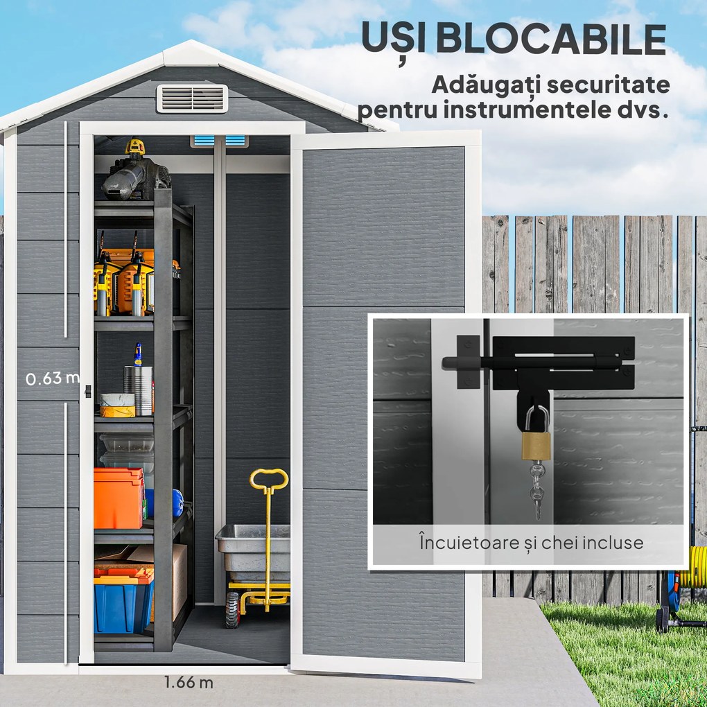 Outsunny Șopron de Grădină din PP cu Podea, Ușă cu Încuietoare și Acoperiș Înclinat, 131x186x198 cm, Gri | Aosom Romania