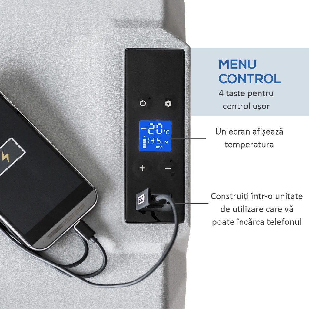 HOMCOM Frigider Auto de 50L cu Panou Touch, Mâner și 2 Roți, 58.6x37.8x54.5 cm, Gri | Aosom Romania