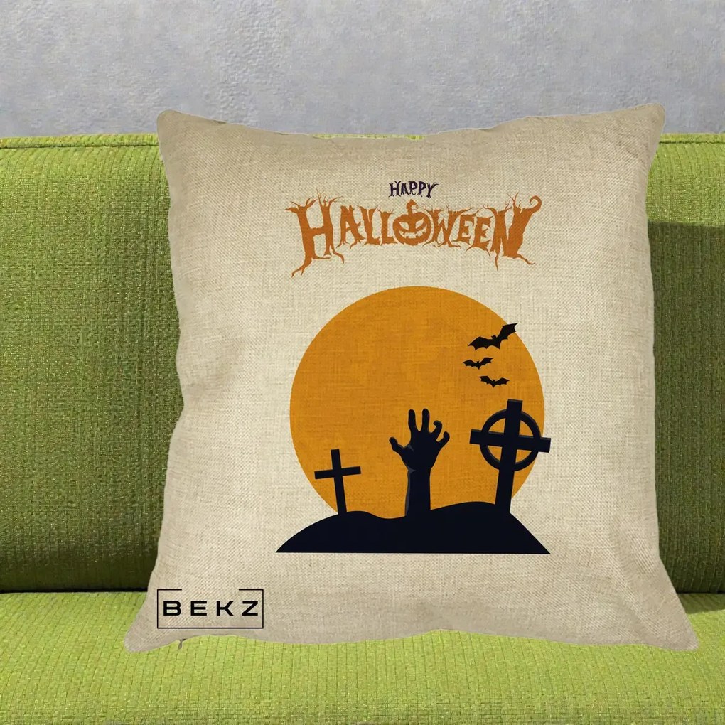 Perna Decorativa Happy Halloween Cimitir cu Luna, 40x40 cm, Crem, Husa Detasabila, Perna Inclusa, BEKZ®
