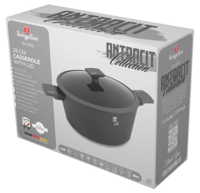 Oală cu capac 28 cm, 6.1L – Berlinger Haus BH8132, Anthracite Collection, ideală pentru mâncăruri consistente
