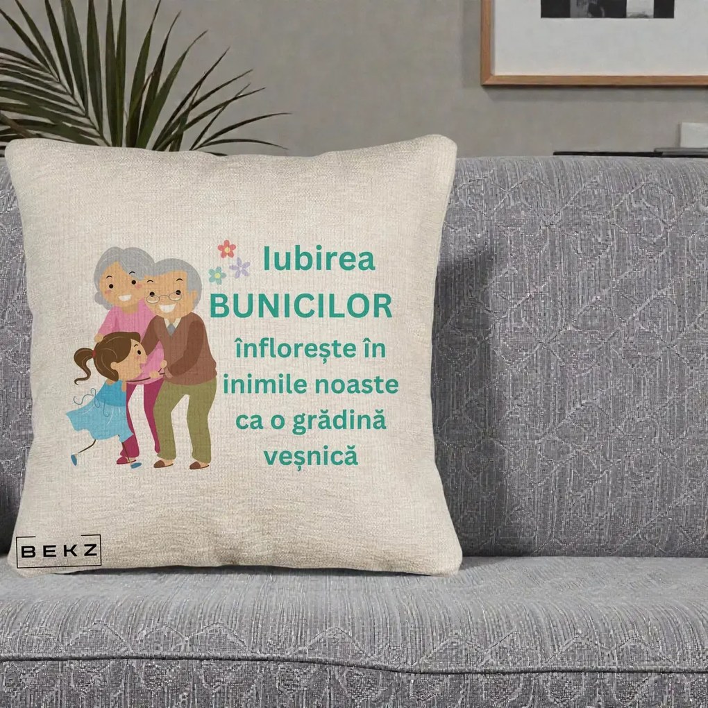 Cadou pentru Bunici - Perna Personalizata Bunicii Iubirea Infloreste cu Nepoata Teal, 40x40 cm, Bej Canapea, Husa Detasabila, Perna Inclusa, BEKZ®
