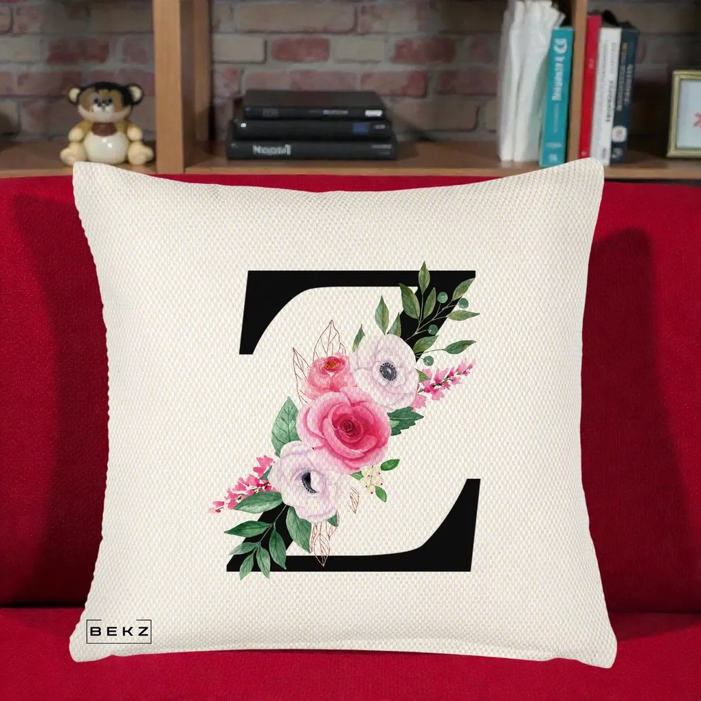 Cadou Personalizat - Perna Personalizata Monograma Florala Litera Z cu Buchet, 40x40 cm, Crem Reliefat, Husa Detasabila, Perna Inclusa, BEKZ®