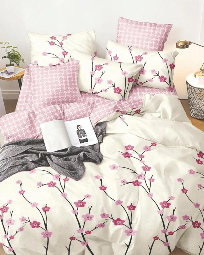 Lenjerie de pat cu 2 fete, policoton, 4 piese, alb / roz, pat 2 persoane, pink tree, R4-499