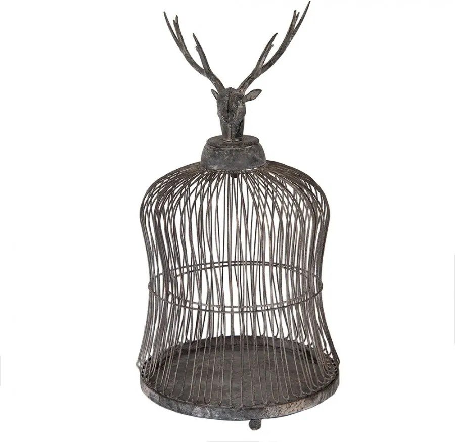 Colivie decorativă din metal cu motiv cerb, finisaj gri antichizat, Ø26x50 cm