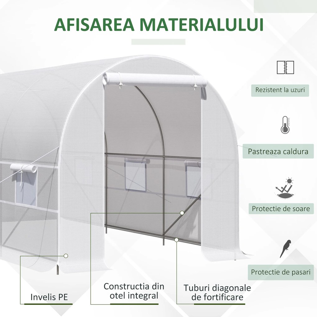 Outsunny Sera tunel, sera cu cadru din Otel Galvanizat, sera pentru plante, legume, fructe, Alb | AOSOM RO