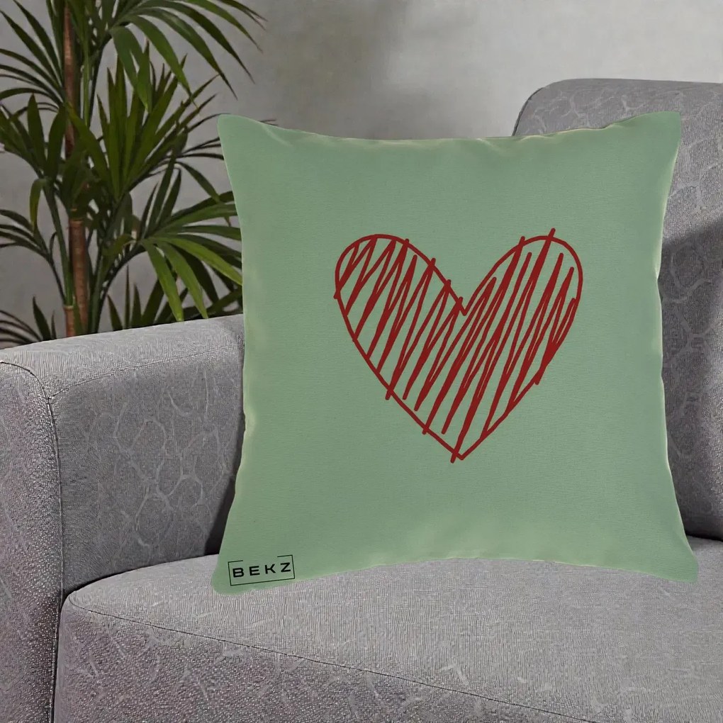 Perna Decorativa Inima Rosie Desen Manual, 40x40 cm, Verde, Husa Detasabila, Perna Inclusa, BEKZ®