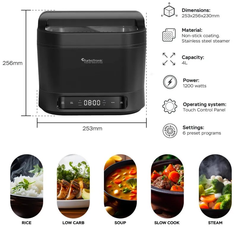 Multicooker TurboTronic TT-DMC20, 1200W, 4L, 6 programe, Timer, LED, Ecran tactil, Accesorii, Negru