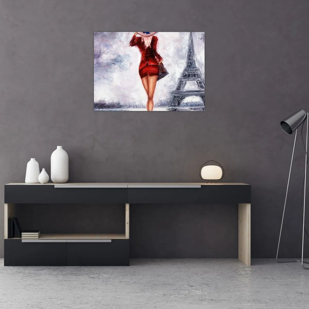 Tablou pe sticlă - Femeie și Turnul Eiffel (70x50 cm)
