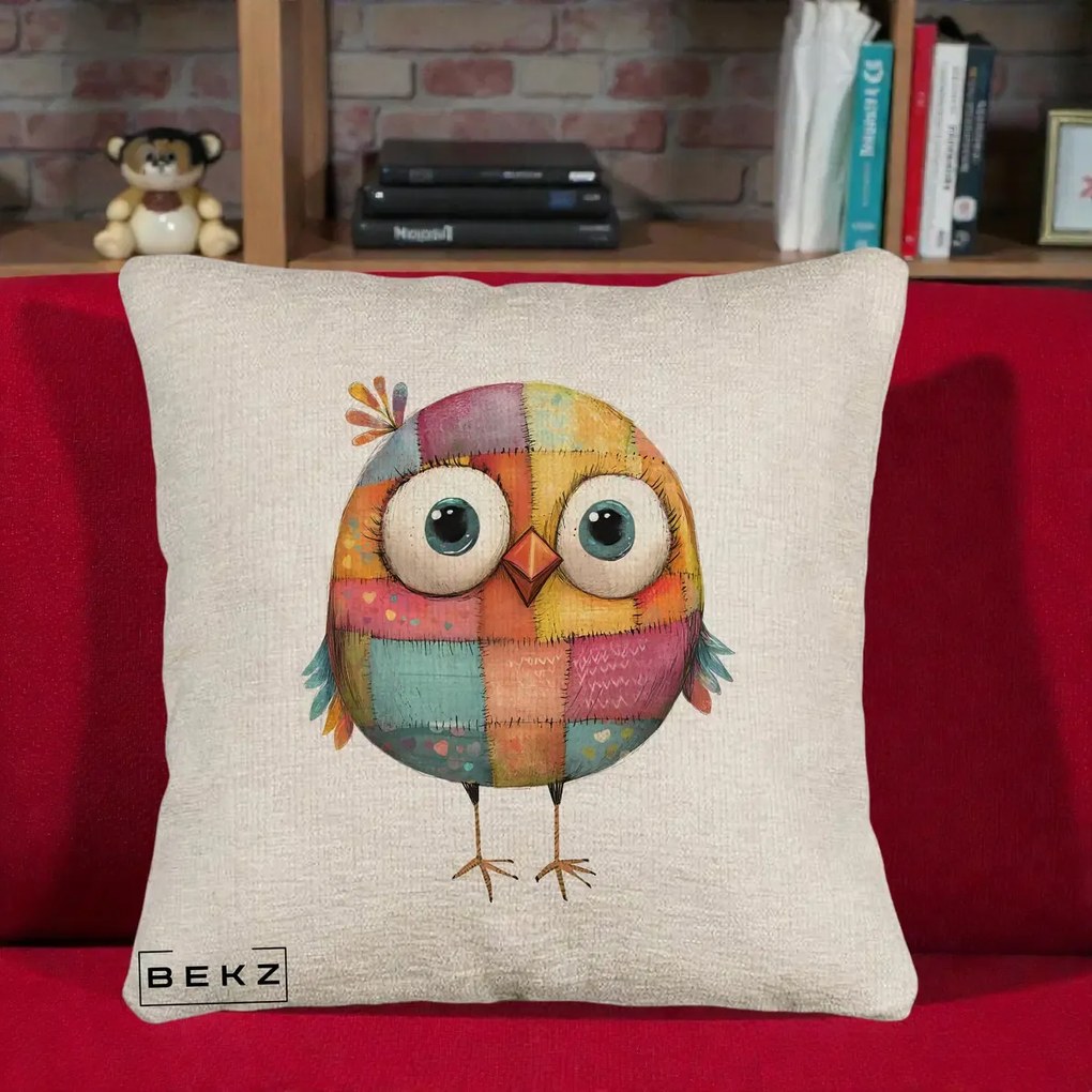 Perna Decorativa Pasare Patchwork Colorata, 40x40 cm, Bej Canapea, Husa Detasabila, Perna Inclusa, BEKZ®