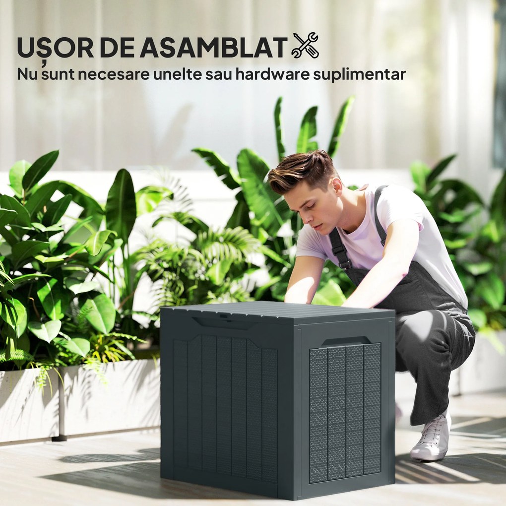 Outsunny Cufăr de Grădină cu Mânere, Container pentru Unelte Impermeabil, 56x41x50 cm, Gri Închis | Aosom Romania